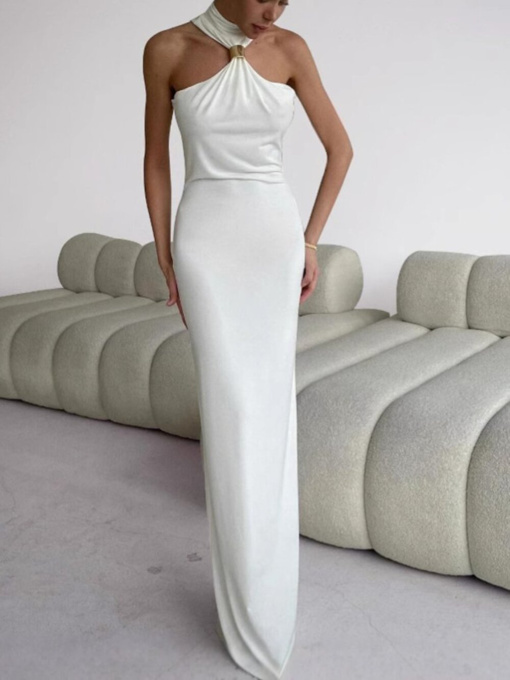 White Halter Metal Ring Detail Form‑Fitting Maxi Evening Dress